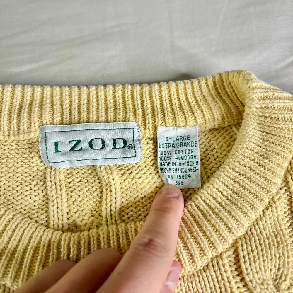 Vintage IZOD Cable Knit Sweater Butter Yellow 100% Cotton XL